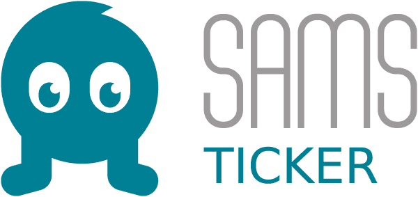 Logo von SAMS TICKER mit einem stilisierten, blauen Geist und grauem Schriftzug.