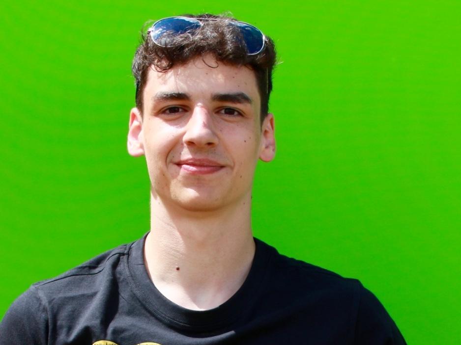 Junger Mann mit Sonnenbrille in schwarzem T-Shirt mit goldenem Herz und Volleyball vor gr&uuml;ner Wand.