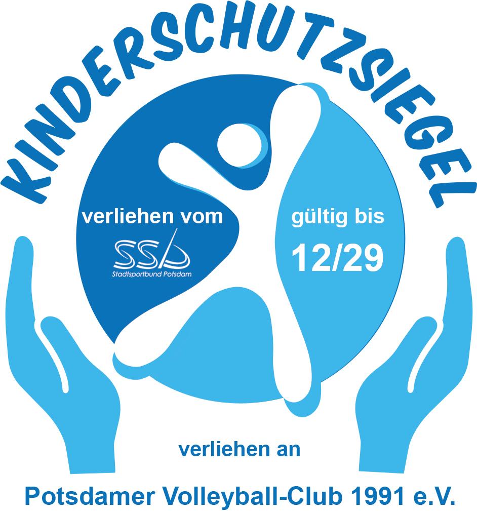 Logo des Kinderschutzsiegels mit Händen, der Aufschrift „verliehen vom SSB, gültig bis 12/29“ und dem Vereinsnamen.