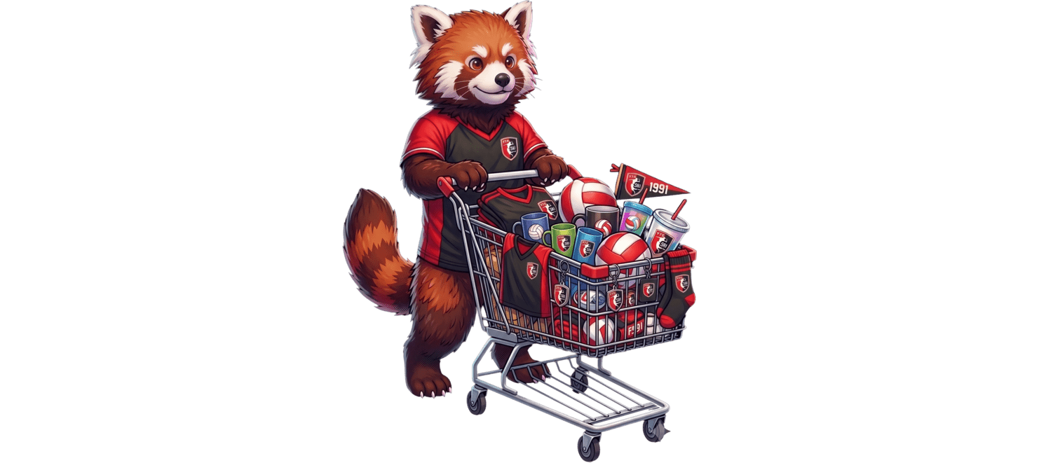 Ein roter Panda in einer Uniform schiebt einen Einkaufswagen voller bunter Waren.