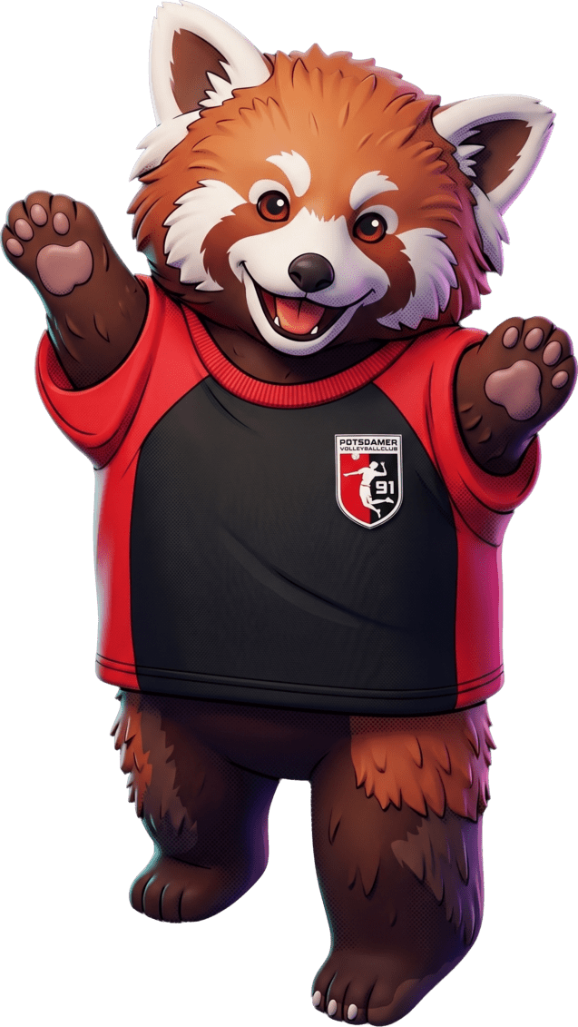 Ein fröhlicher roter Panda in einem roten und schwarzen Trikot mit Logo hebt beide Arme in die Luft.