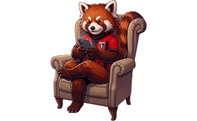Niedlicher roter Panda in einem Sessel, der in einem roten Shirt auf einem Smartphone schaut.