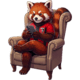 Niedlicher roter Panda in einem Sessel, der in einem roten Shirt auf einem Smartphone schaut.