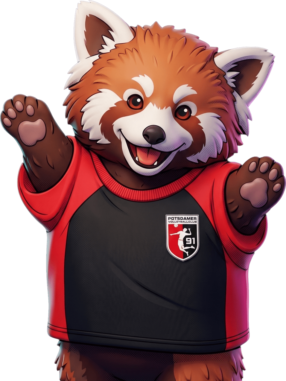 Ein fröhlicher roter Panda in einem roten und schwarzen Trikot mit Logo hebt beide Arme in die Luft.