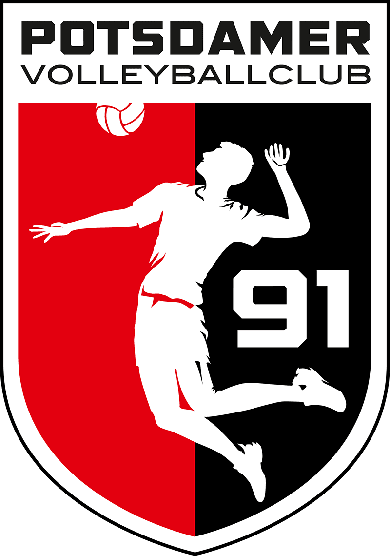Logo des Potsdamer Volleyballclubs mit springender Spielerfigur und Volleyball auf rotem und schwarzem Hintergrund.