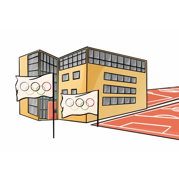Illustration eines modernen Gebäudes mit olympischen Fahnen und einem Sportplatz im Vordergrund.