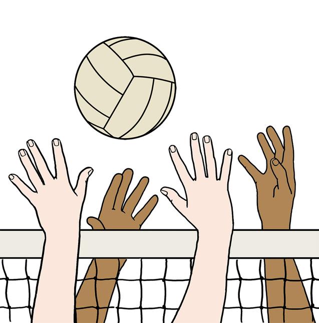 Hände greifen nach einem Volleyball über einem Netz mit farblich unterschiedlichen Hauttönen.
