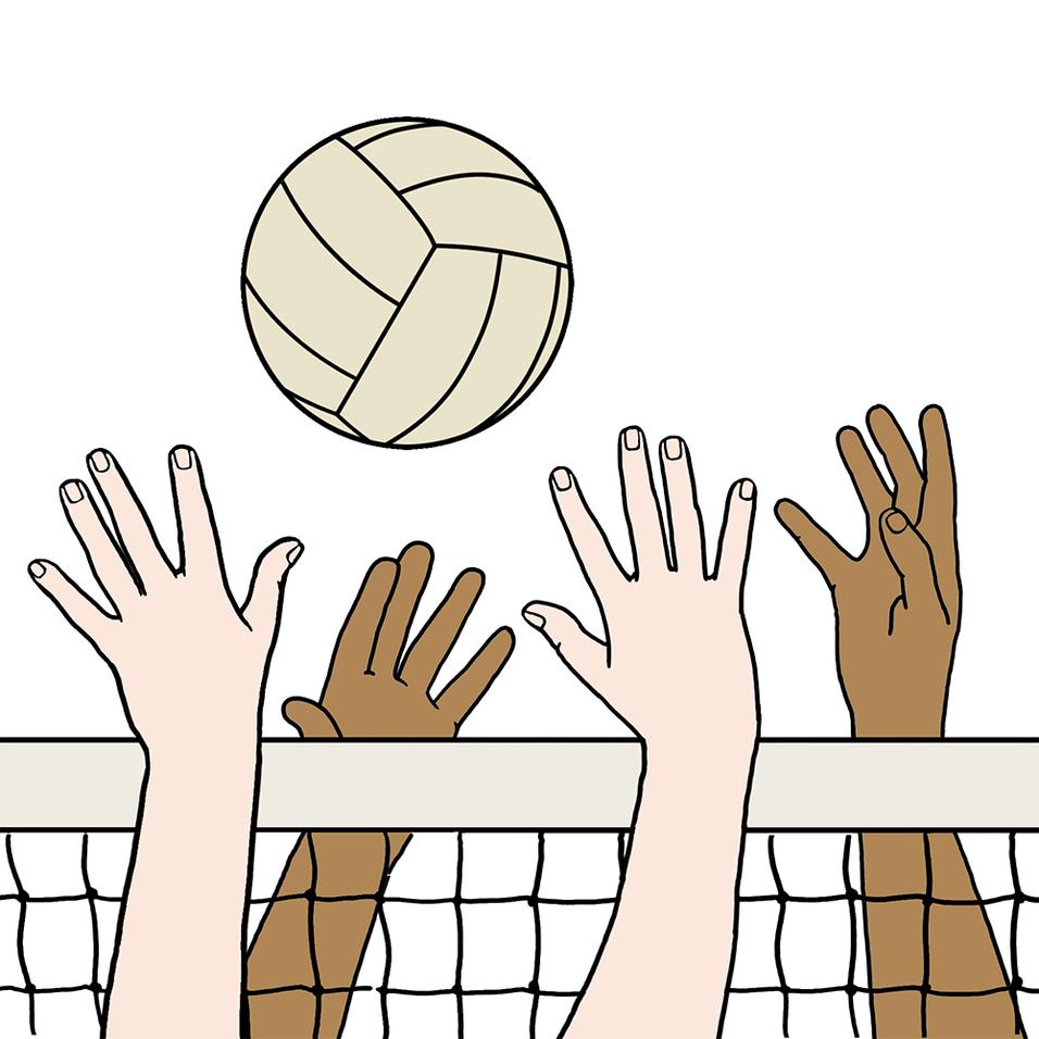 Hände greifen nach einem Volleyball über einem Netz mit farblich unterschiedlichen Hauttönen.