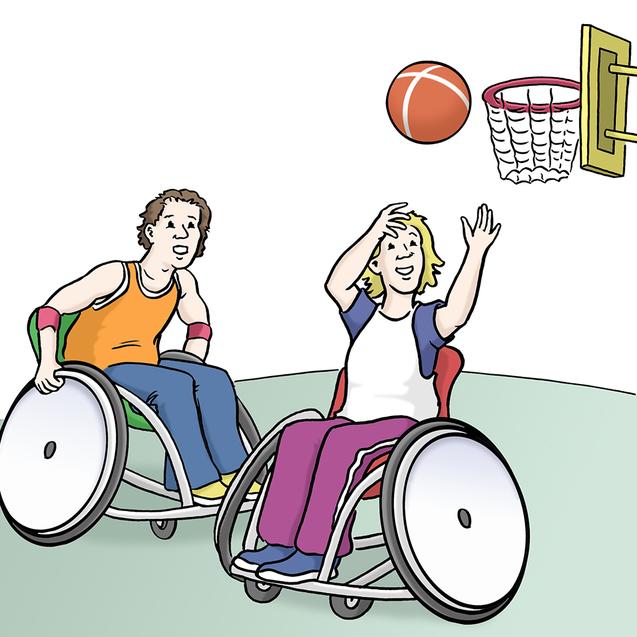 Zwei Kinder in Rollstühlen spielen Basketball, während ein Ball in Richtung Korb fliegt.