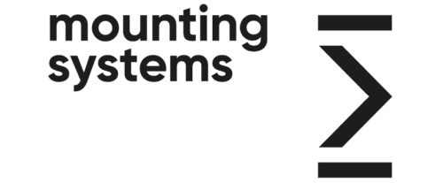 Logo der Firma "mounting systems", bestehend aus Schriftzug und grafischem Element in schwarz auf wei&szlig;em Hintergrund.