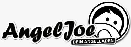 Logo von AngelJoe mit Schriftzug &bdquo;Dein Angelladen&ldquo; und stilisierter Fischerfigur in schwarz-wei&szlig;.